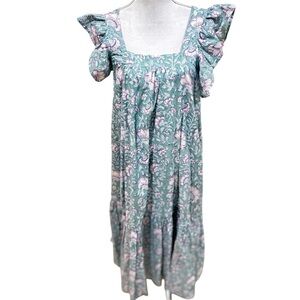 Ophelia & indigo flutter sleeve Floral square neck a-line Midi Dress sz medium
